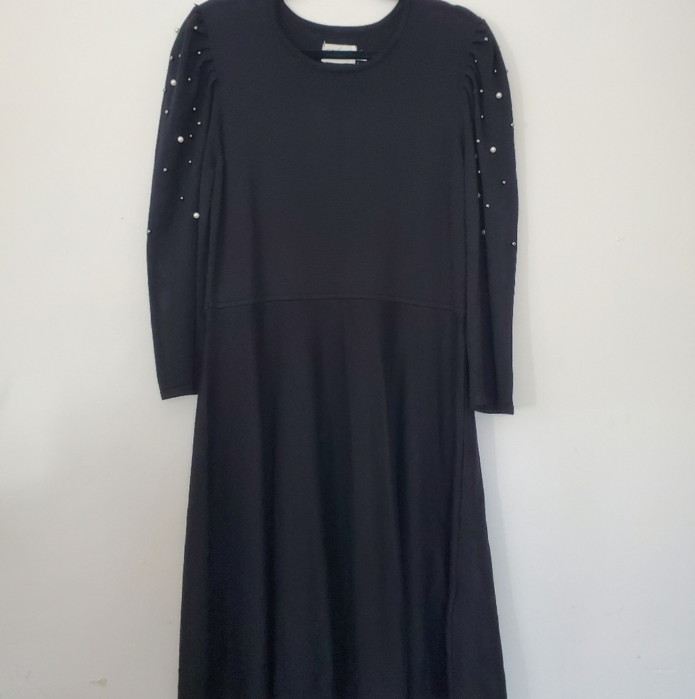 Eliza J Elegant Black Knit Sweater Dress with Faux Pearl Accents